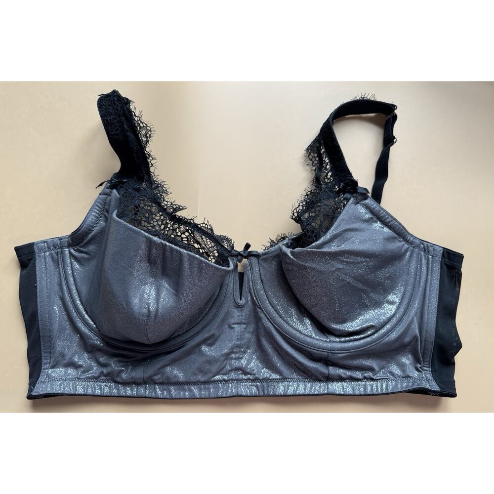 Cacique Black Silver Lace Lightly Lined Longline Balconette Underwire Bra 42DD